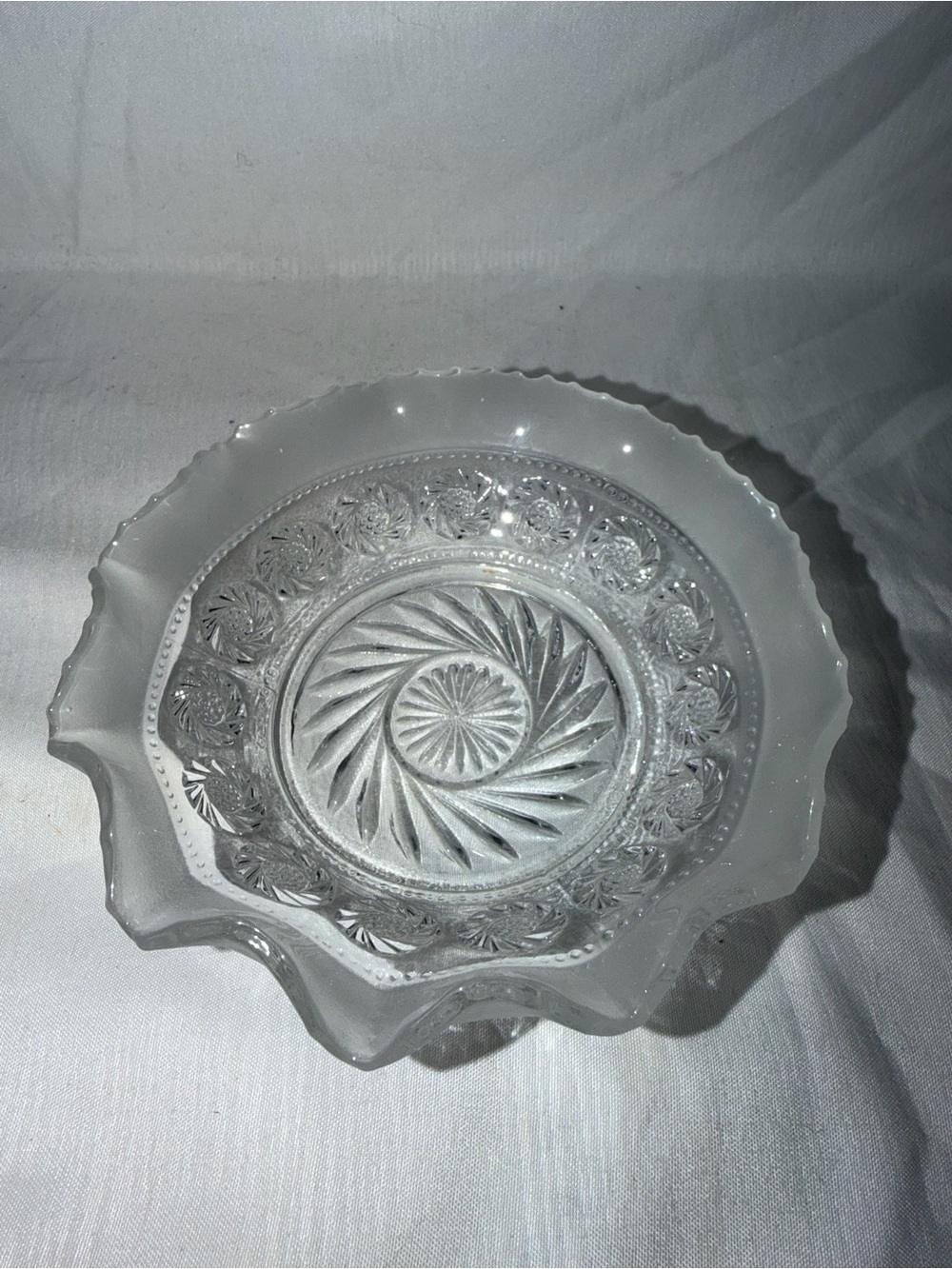 Vintage Indiana Glass "Rosette with Pinwheels" Bowl with Frosted Ruffled Rim